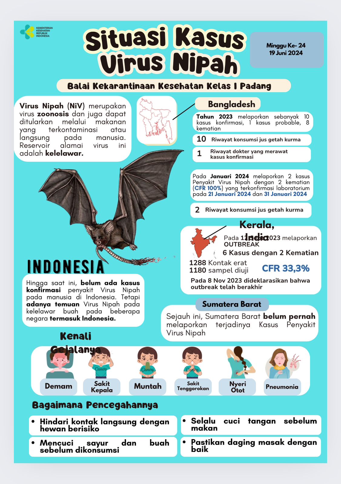 Update Situasi Kasus Virus Nipah Minggu Ke-24 Tahun 2024