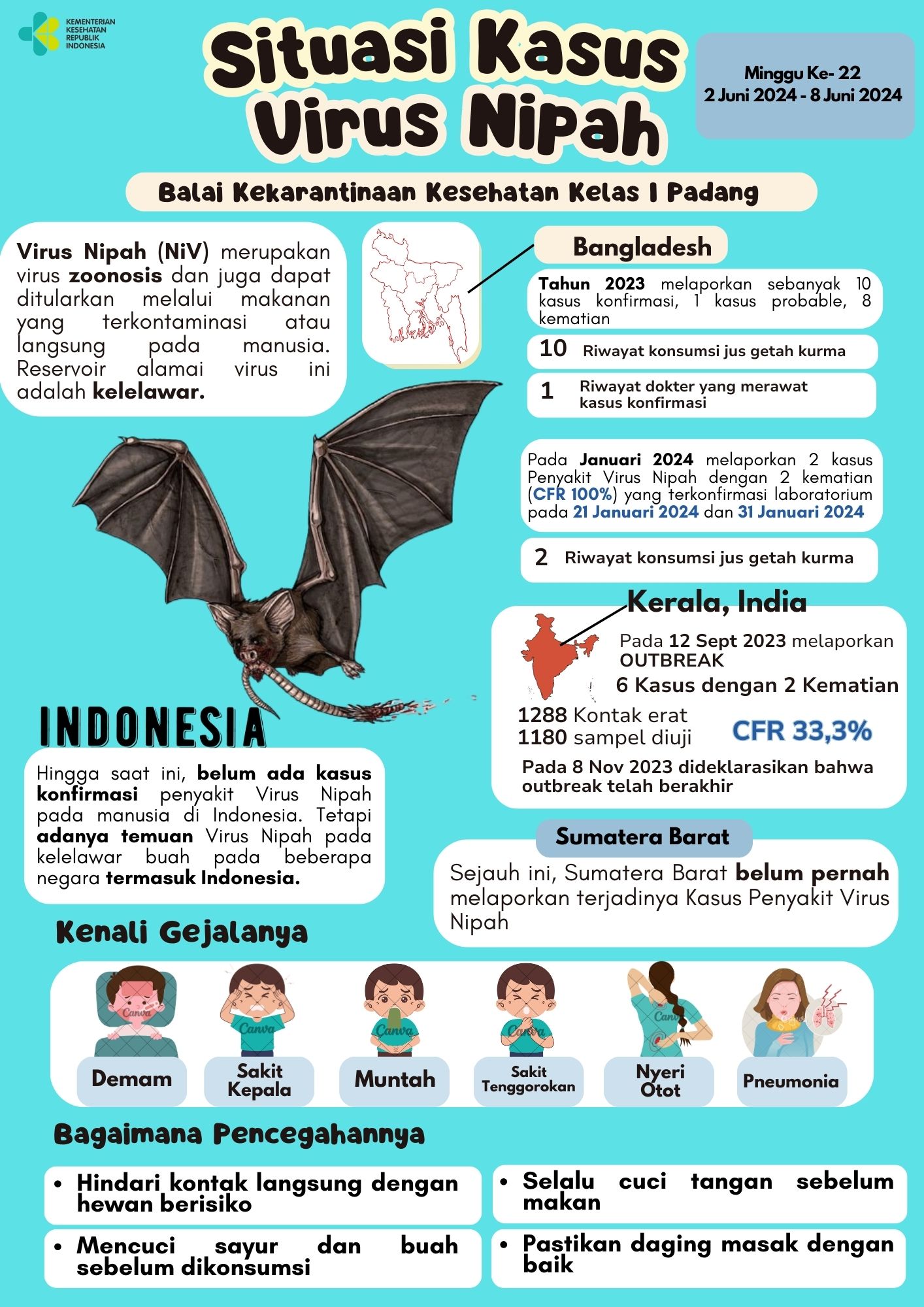 Update Situasi Kasus Virus Nipah Minggu Ke-22 Tahun 2024